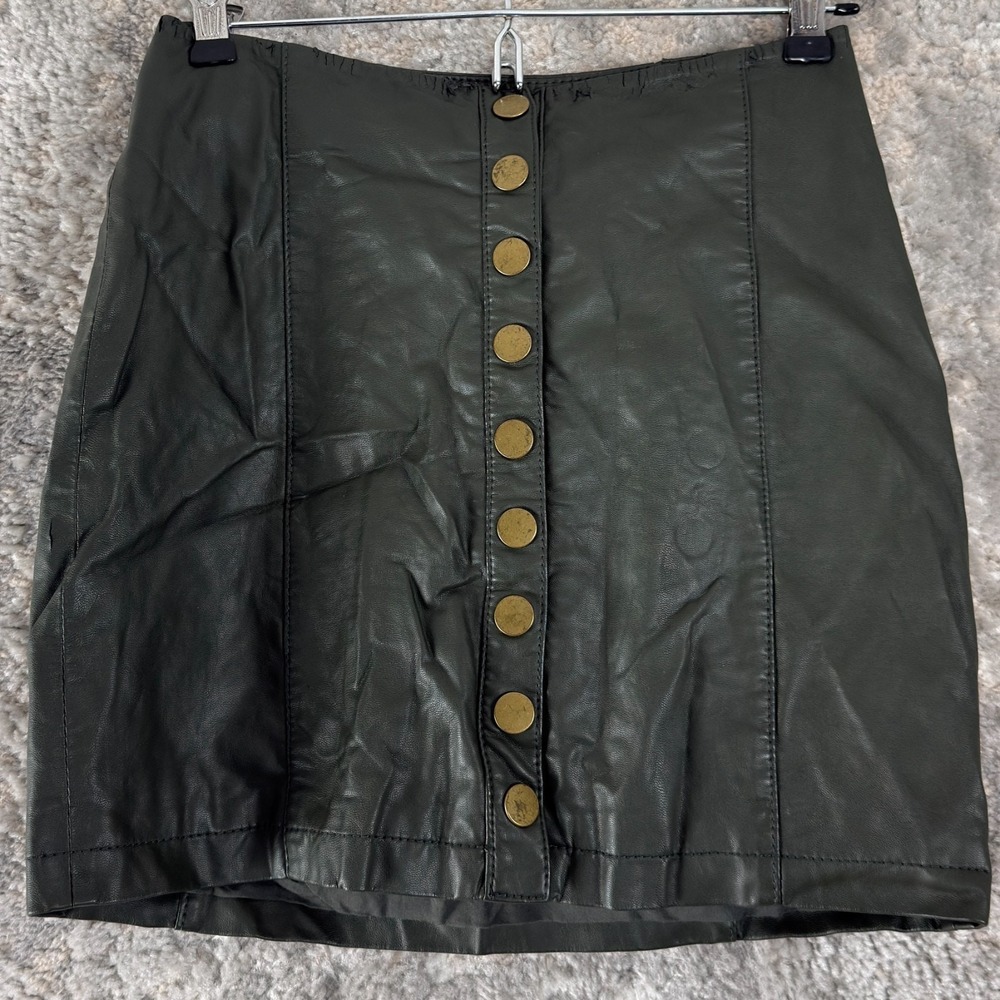 Free People Size 0‎ Faux Leather A Line Mini Skirt Black Button Casual Lined